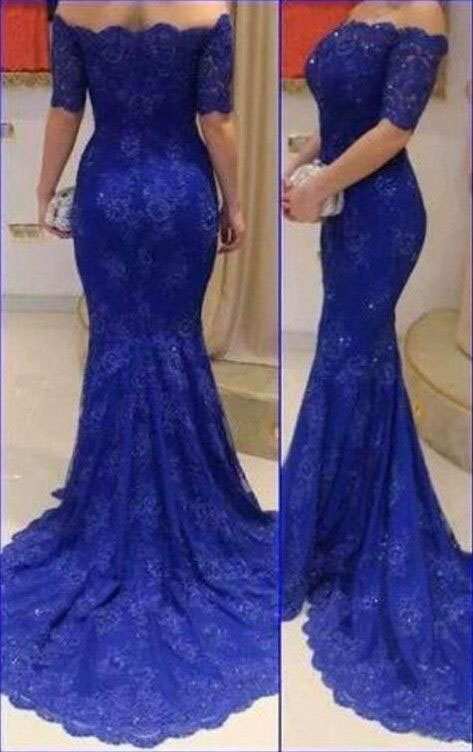 Royal Blue Evening Gowns Lace Prom Dresses Formal Party Gowns Long Lace